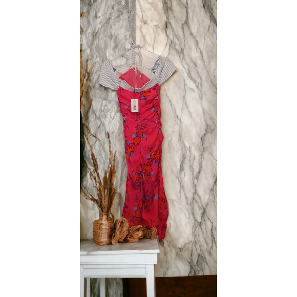 NWT Tanya Taylor Falling Floral Ruched Virginia Dress Bright Pink 0 MSRP $595 - Picture 5 of 8